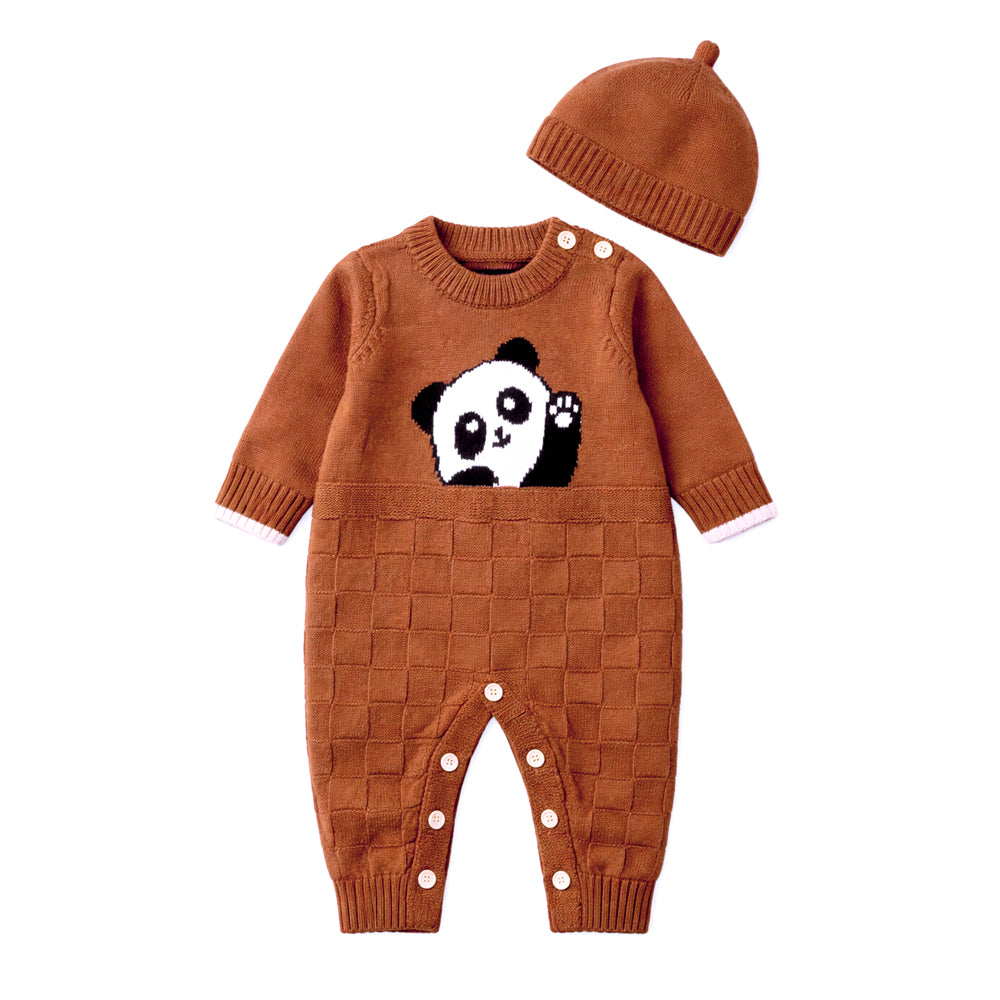 Brown Panda Full Sleeves Jumpsuit Winter Romper with Cap for Tiny Toddlers