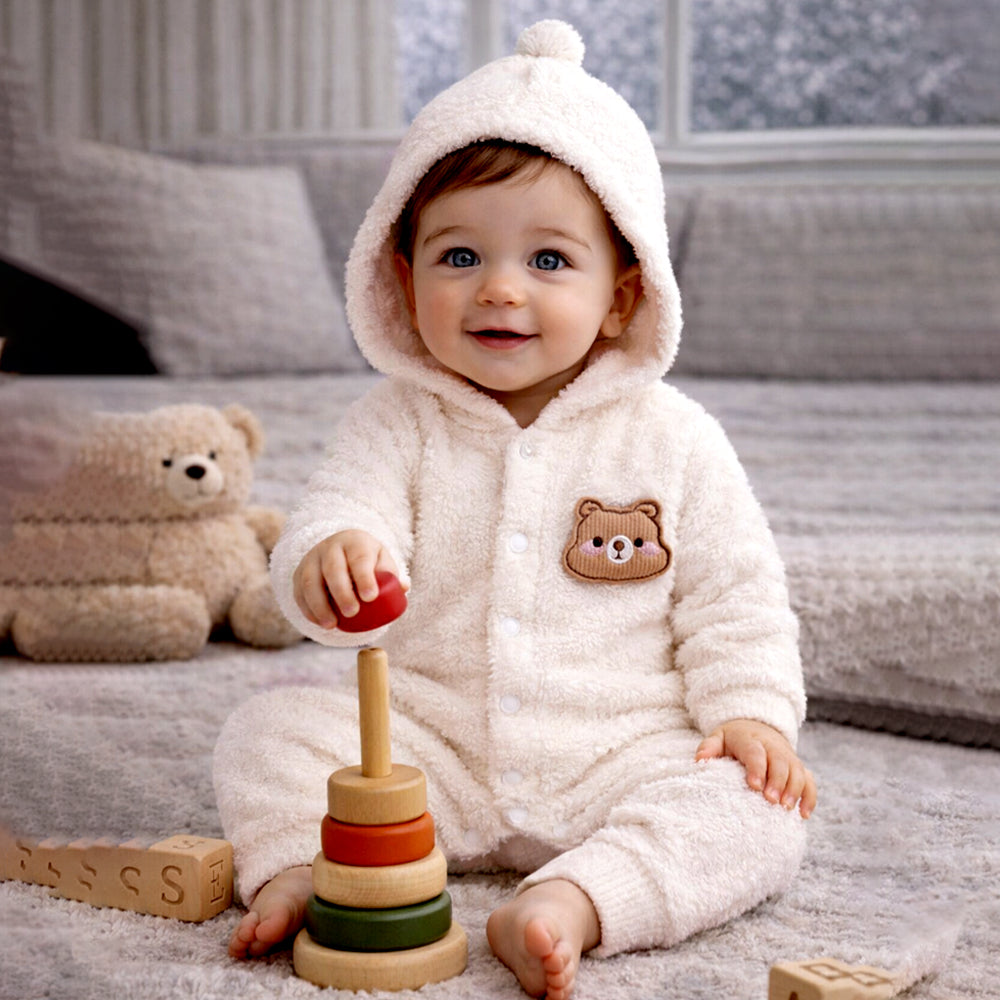 Cream Furry Teddy Full Sleeves Jumpsuit Hoodie Winter Romper for Tiny Toddlers