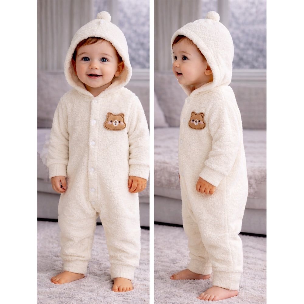 Cream Furry Teddy Full Sleeves Jumpsuit Hoodie Winter Romper for Tiny Toddlers