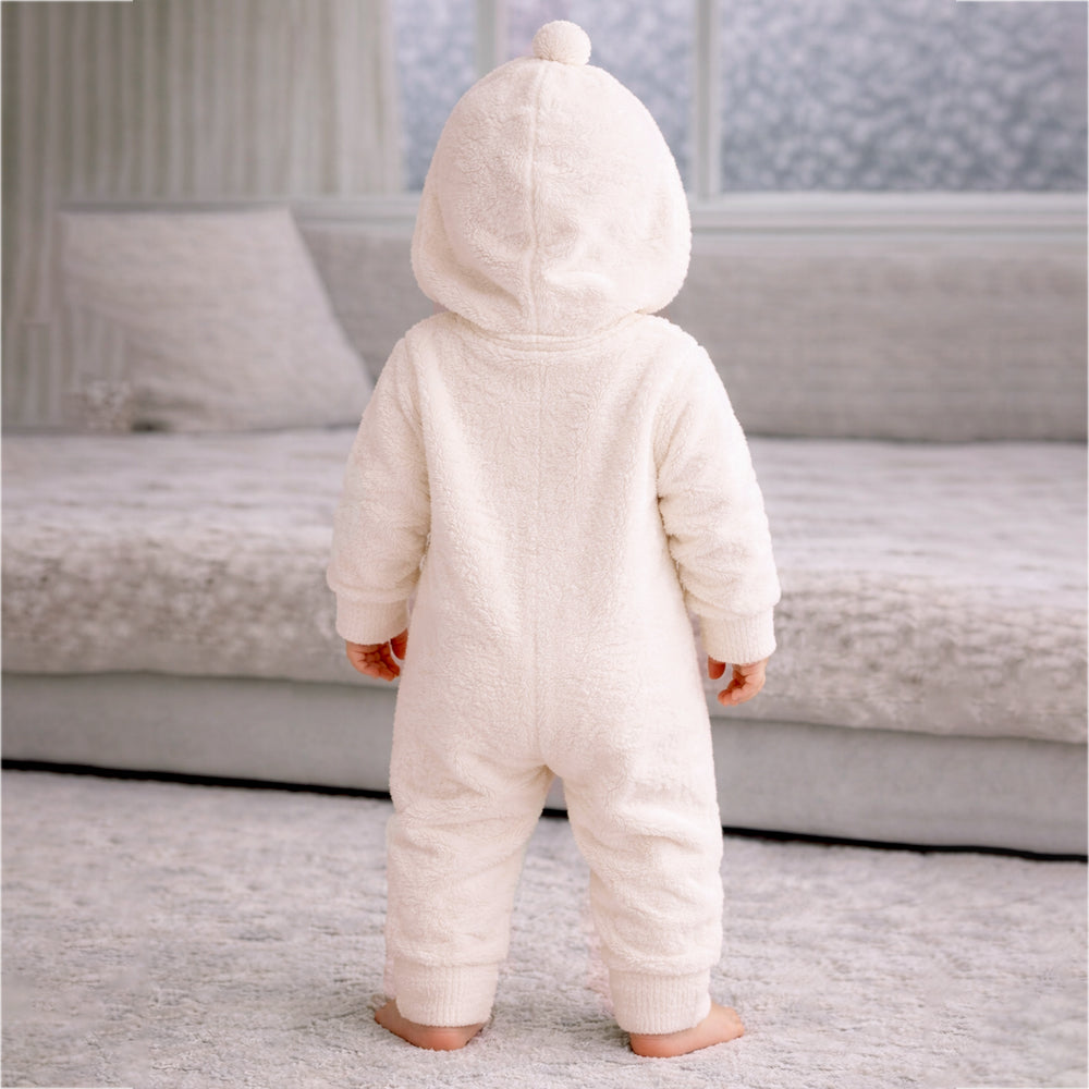 Cream Furry Teddy Full Sleeves Jumpsuit Hoodie Winter Romper for Tiny Toddlers