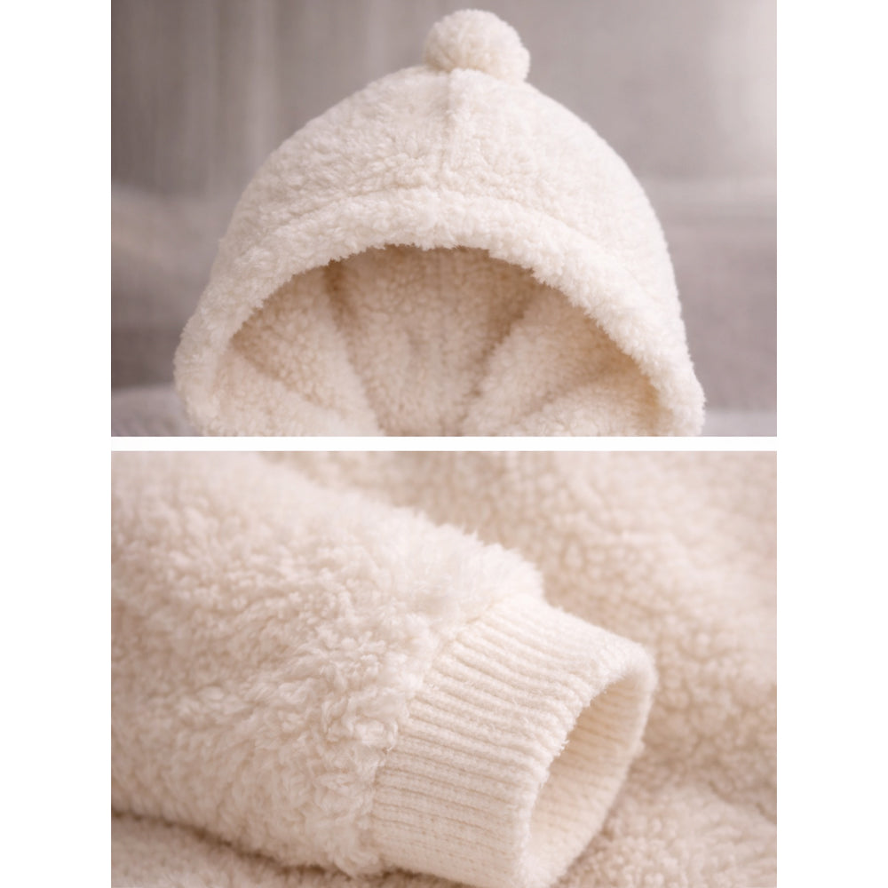 Cream Furry Teddy Full Sleeves Jumpsuit Hoodie Winter Romper for Tiny Toddlers