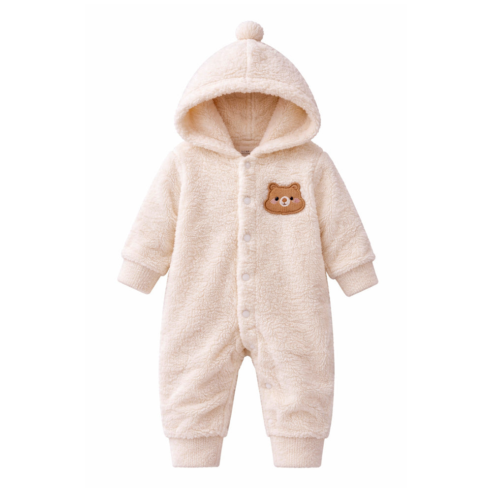 Cream Furry Teddy Full Sleeves Jumpsuit Hoodie Winter Romper for Tiny Toddlers