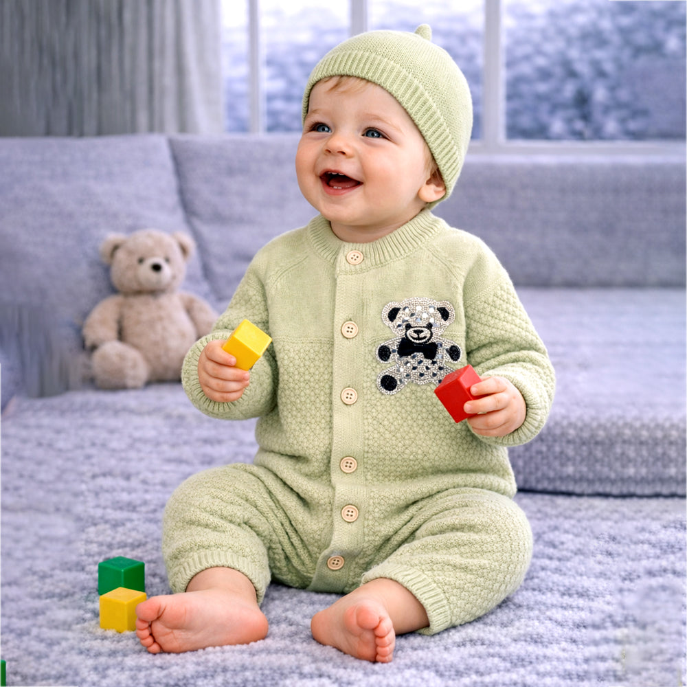 Green Diamond Teddy Full Sleeves Jumpsuit Romper with Cap for Tiny Toddlers
