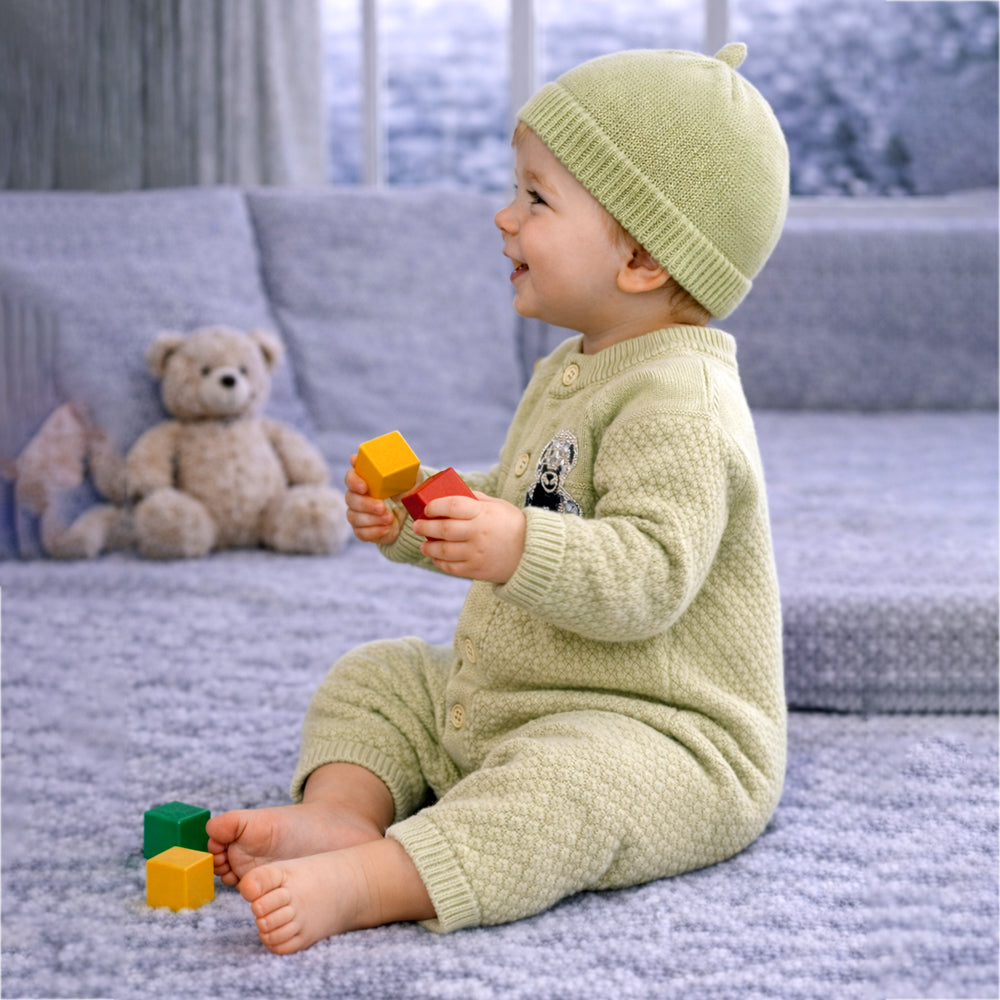 Green Diamond Teddy Full Sleeves Jumpsuit Romper with Cap for Tiny Toddlers