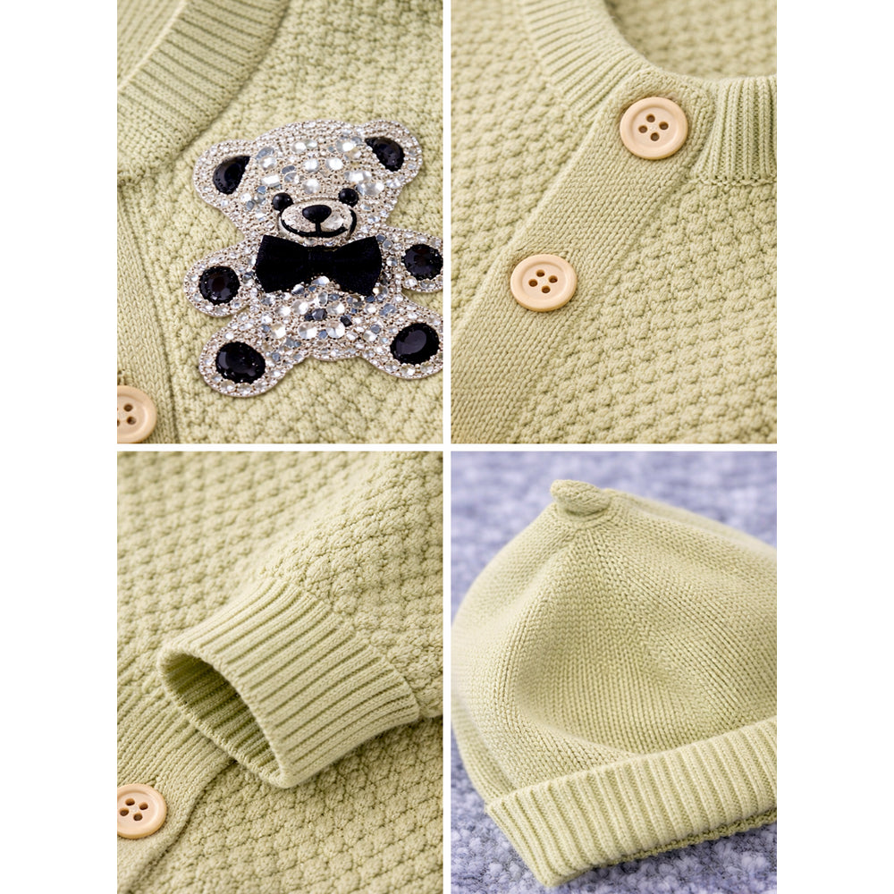 Green Diamond Teddy Full Sleeves Jumpsuit Romper with Cap for Tiny Toddlers