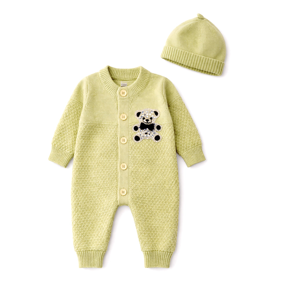 Green Diamond Teddy Full Sleeves Jumpsuit Romper with Cap for Tiny Toddlers