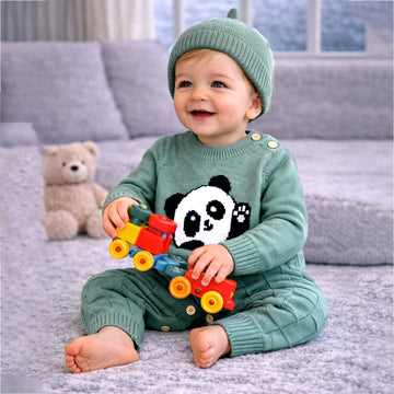 Green Panda Full Sleeves Jumpsuit winter Romper with Cap for Tiny Toddlers