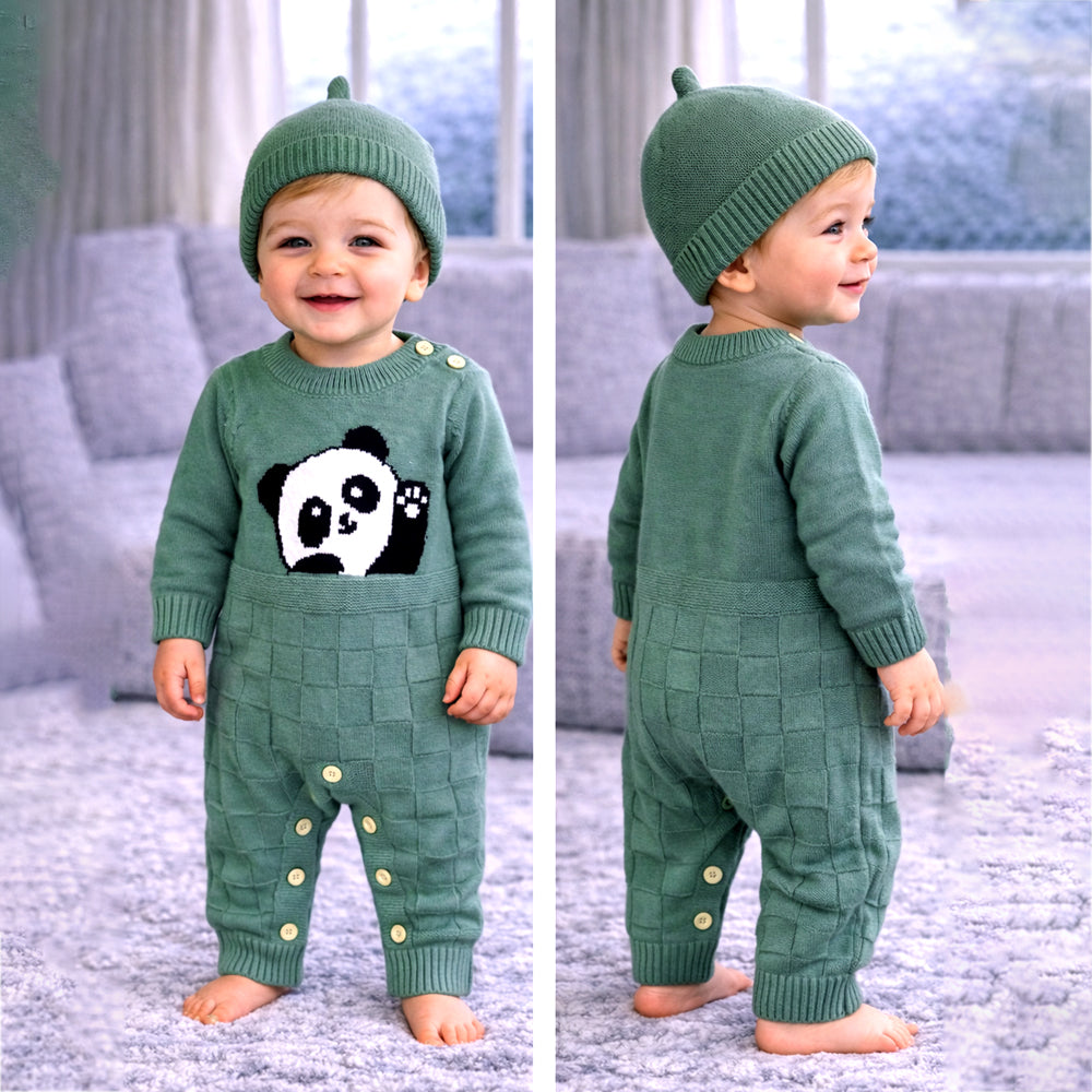 Green Panda Full Sleeves Jumpsuit winter Romper with Cap for Tiny Toddlers