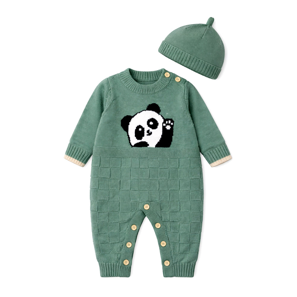 Green Panda Full Sleeves Jumpsuit winter Romper with Cap for Tiny Toddlers