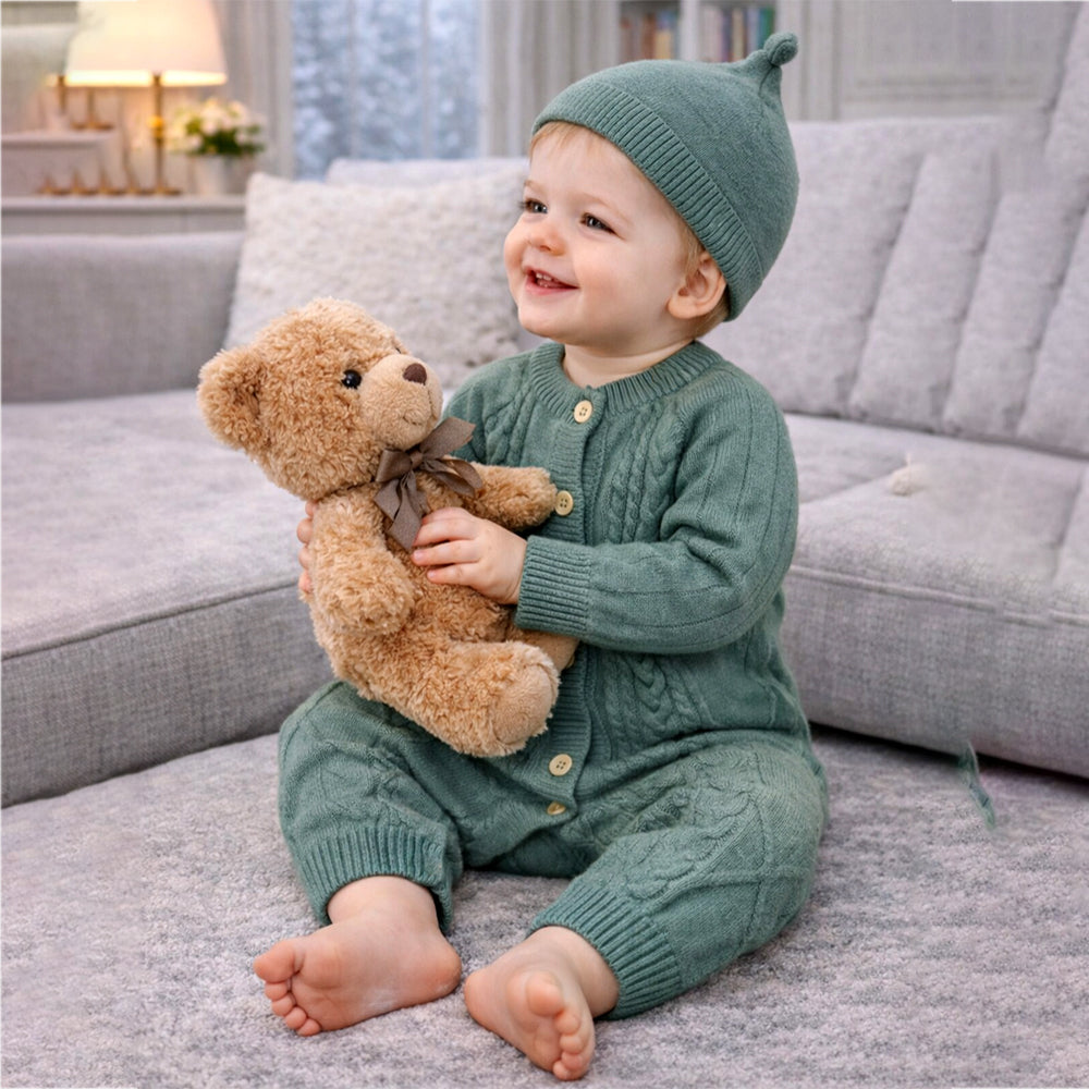 Green Knitted Pattern Full Sleeves Jumpsuit Romper with Cap for Tiny Toddlers
