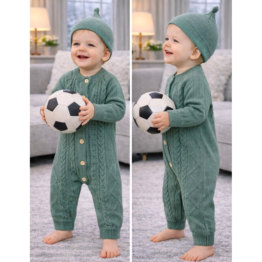 Green Knitted Pattern Full Sleeves Jumpsuit Romper with Cap for Tiny Toddlers