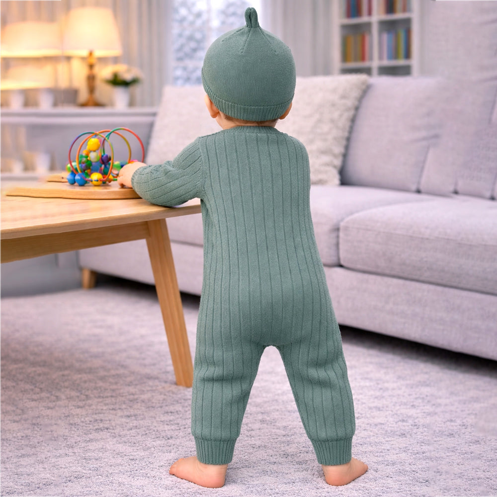 Green Knitted Pattern Full Sleeves Jumpsuit Romper with Cap for Tiny Toddlers