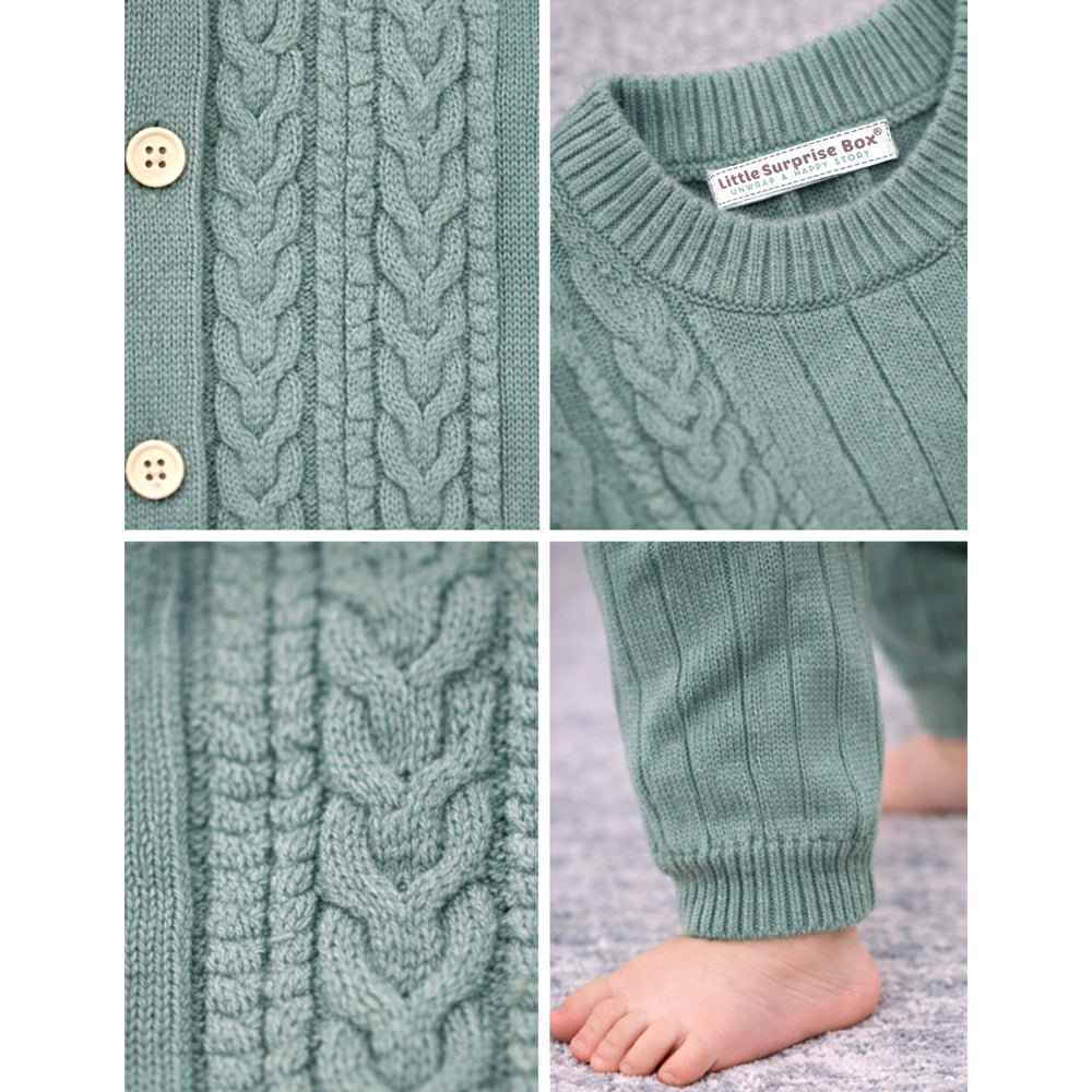 Green Knitted Pattern Full Sleeves Jumpsuit Romper with Cap for Tiny Toddlers