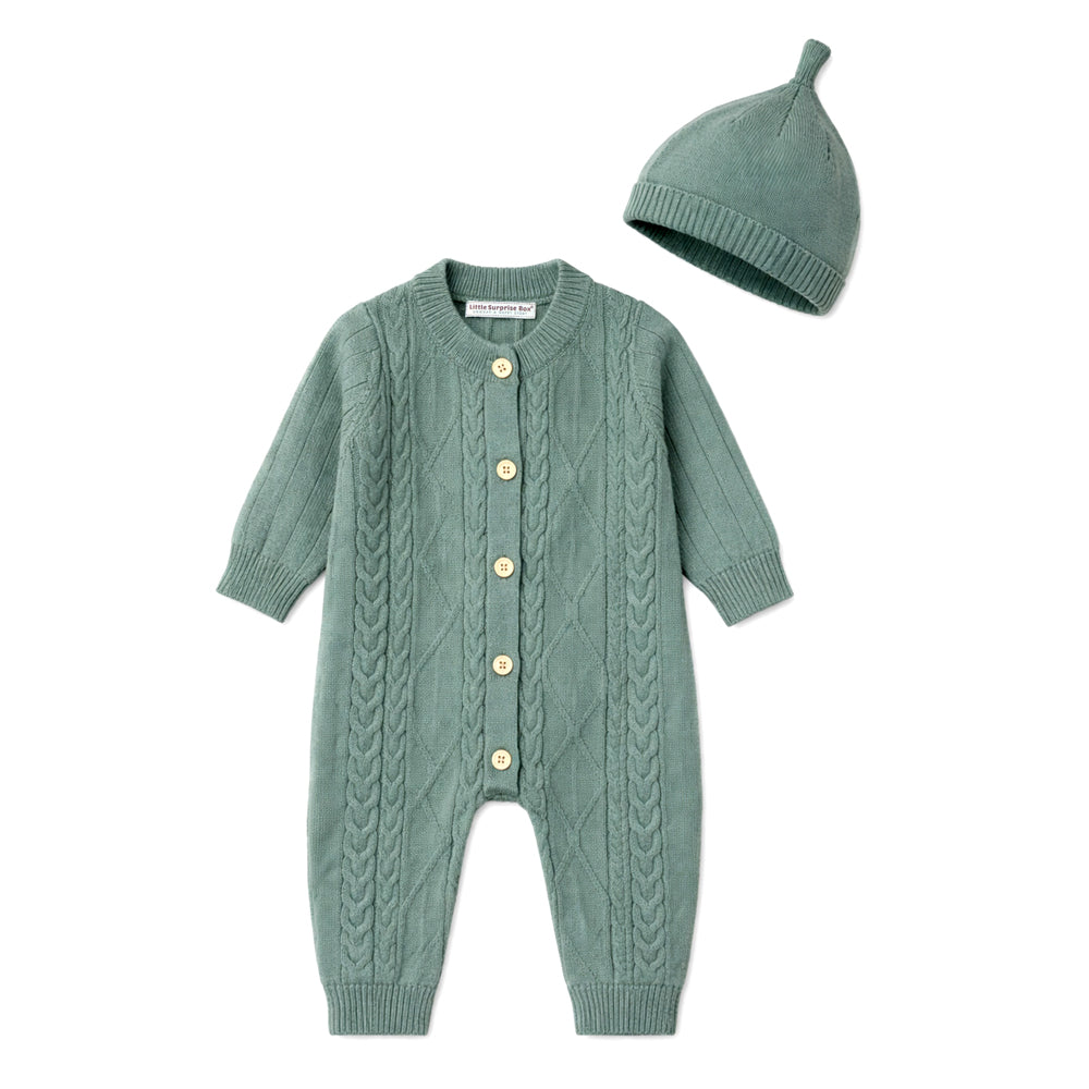 Green Knitted Pattern Full Sleeves Jumpsuit Romper with Cap for Tiny Toddlers