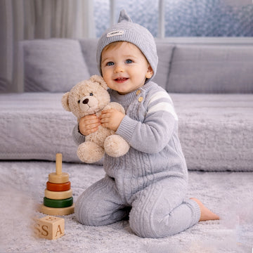 Grey White Stripes Full Sleeves Jumpsuit Winter Romper with Cap for Tiny Toddlers