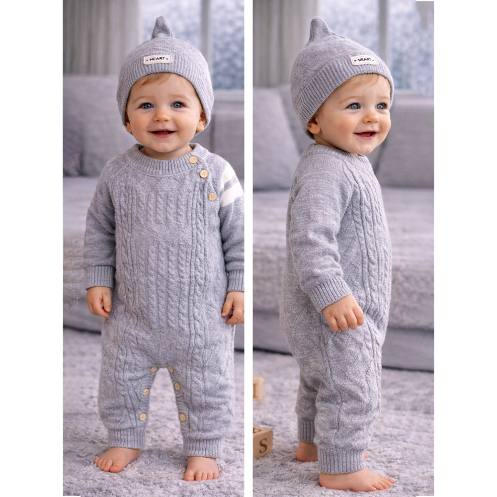 Grey White Stripes Full Sleeves Jumpsuit Winter Romper with Cap for Tiny Toddlers