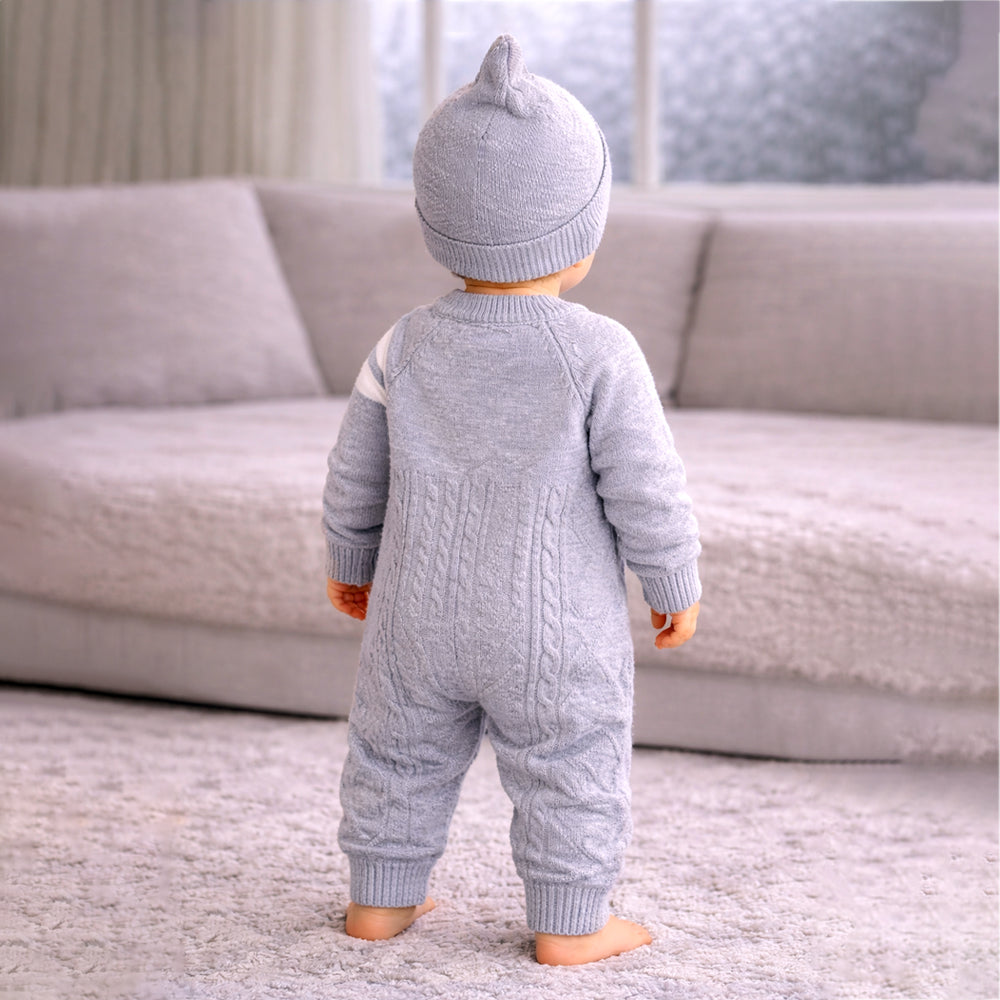 Grey White Stripes Full Sleeves Jumpsuit Winter Romper with Cap for Tiny Toddlers