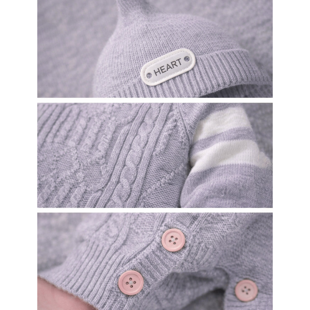 Grey White Stripes Full Sleeves Jumpsuit Winter Romper with Cap for Tiny Toddlers