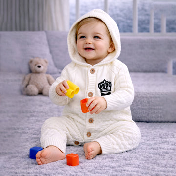 Ivory Crown Full Sleeves Jumpsuit Hoodie Winter Romper for Tiny Toddlers