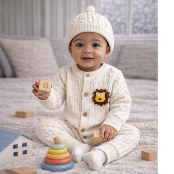 Ivory Lion Face Sleeves Jumpsuit Romper with Cap for Tiny Toddlers