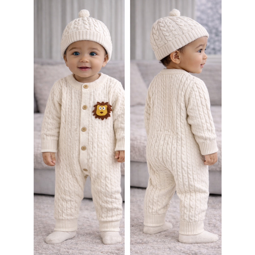Ivory Lion Face Sleeves Jumpsuit Romper with Cap for Tiny Toddlers