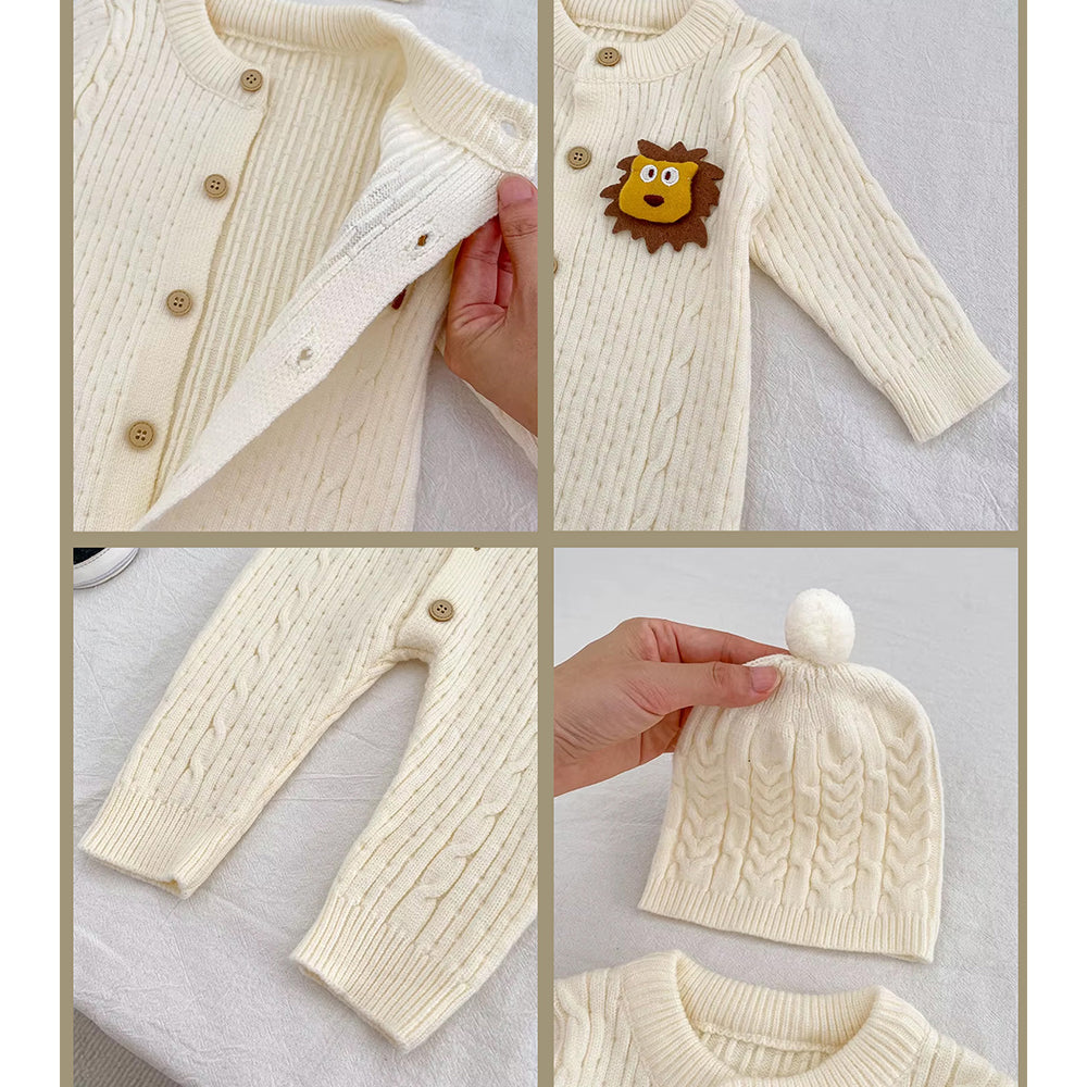 Ivory Lion Face Sleeves Jumpsuit Romper with Cap for Tiny Toddlers