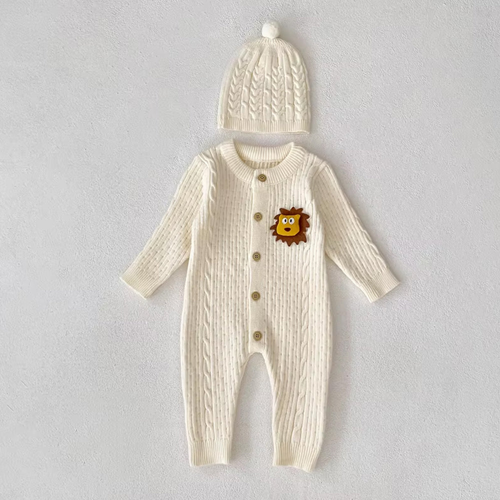 Ivory Lion Face Sleeves Jumpsuit Romper with Cap for Tiny Toddlers