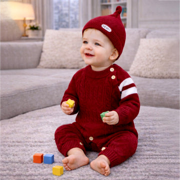 Maroon White Stripes Full Sleeves Jumpsuit Winter Romper with Cap for Tiny Toddlers