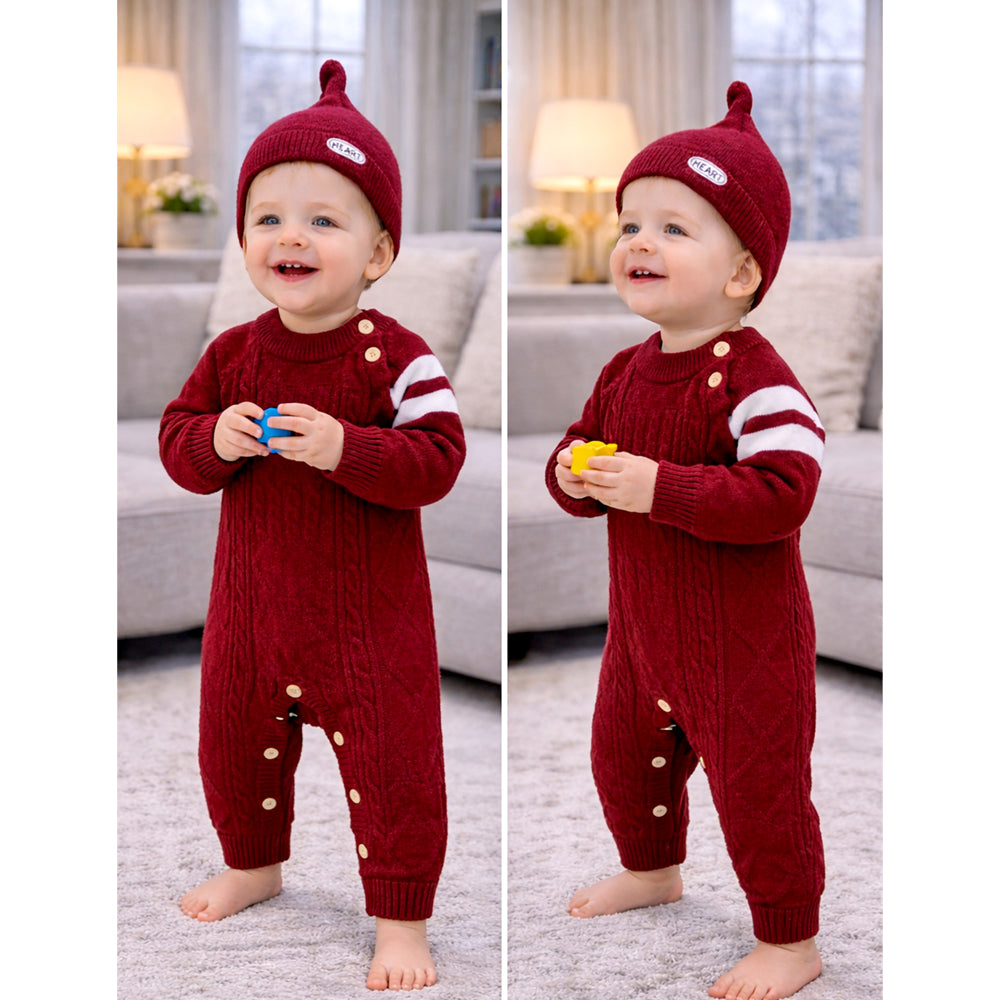 Maroon White Stripes Full Sleeves Jumpsuit Winter Romper with Cap for Tiny Toddlers