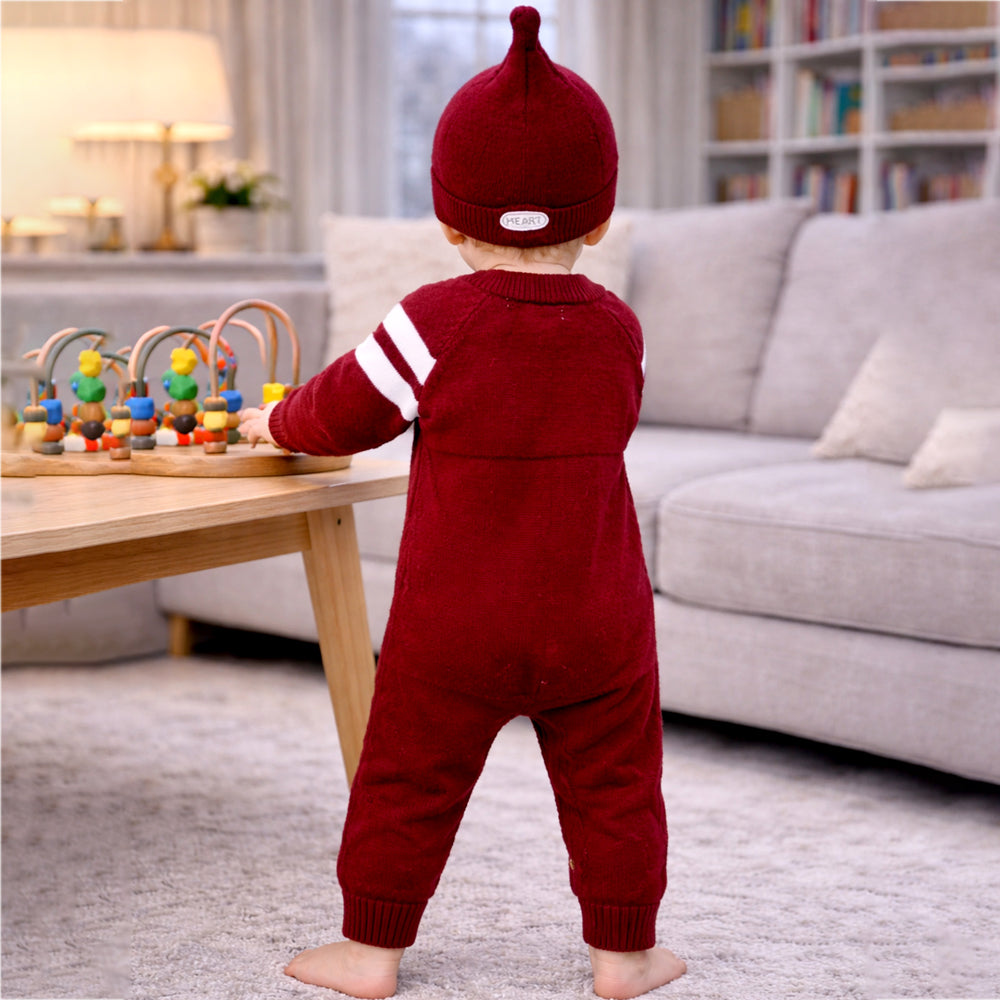 Maroon White Stripes Full Sleeves Jumpsuit Winter Romper with Cap for Tiny Toddlers