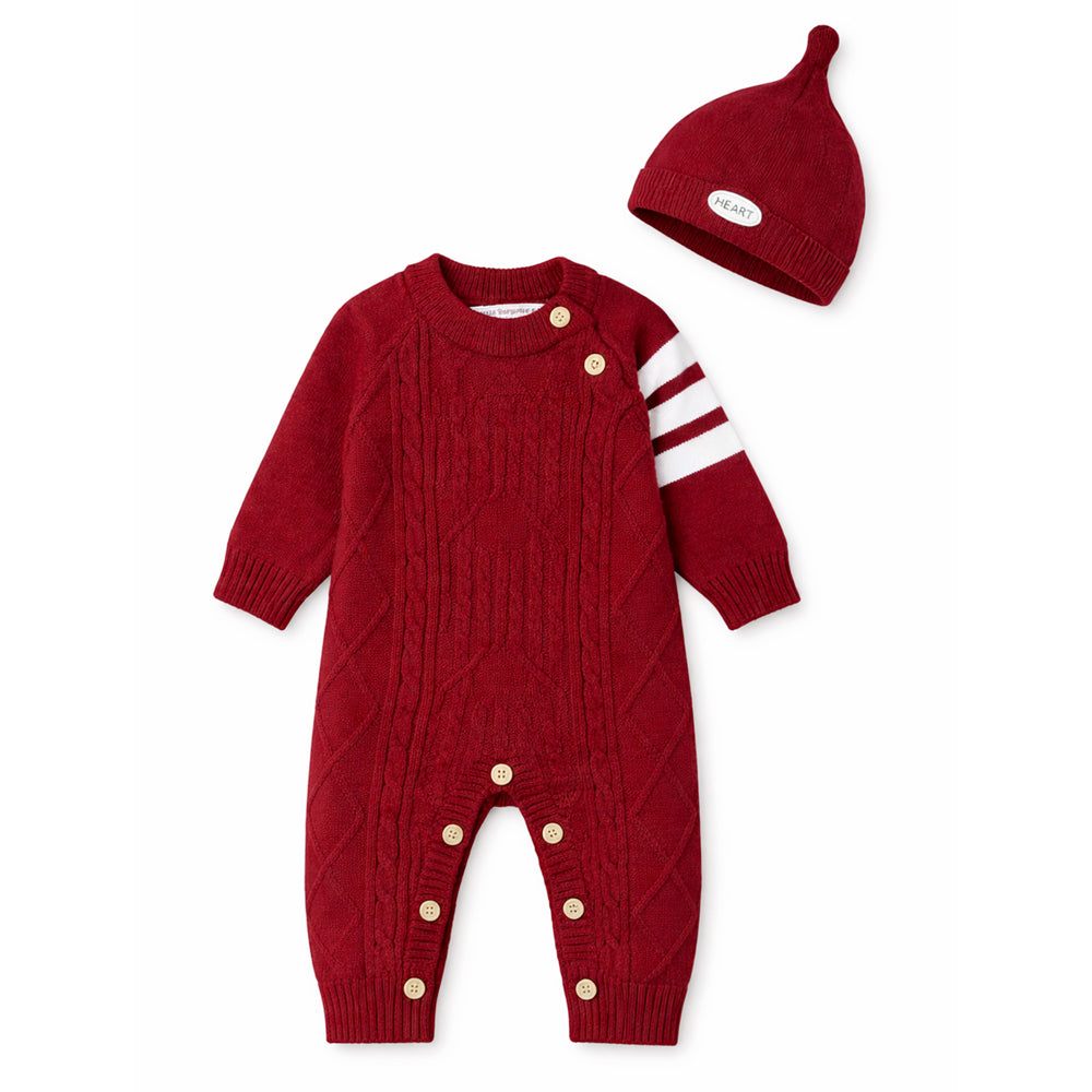Maroon White Stripes Full Sleeves Jumpsuit Winter Romper with Cap for Tiny Toddlers