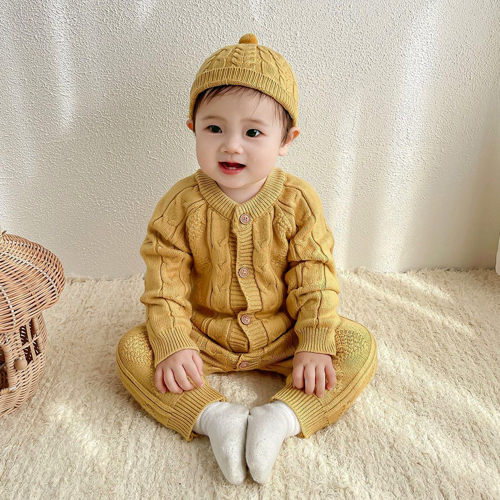 Mustard Cable Pattern Full Sleeves Winter Jumpsuit Romper with Cap for Tiny Toddlers