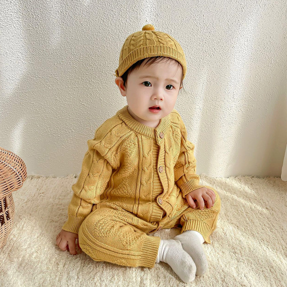 Mustard Cable Pattern Full Sleeves Winter Jumpsuit Romper with Cap for Tiny Toddlers