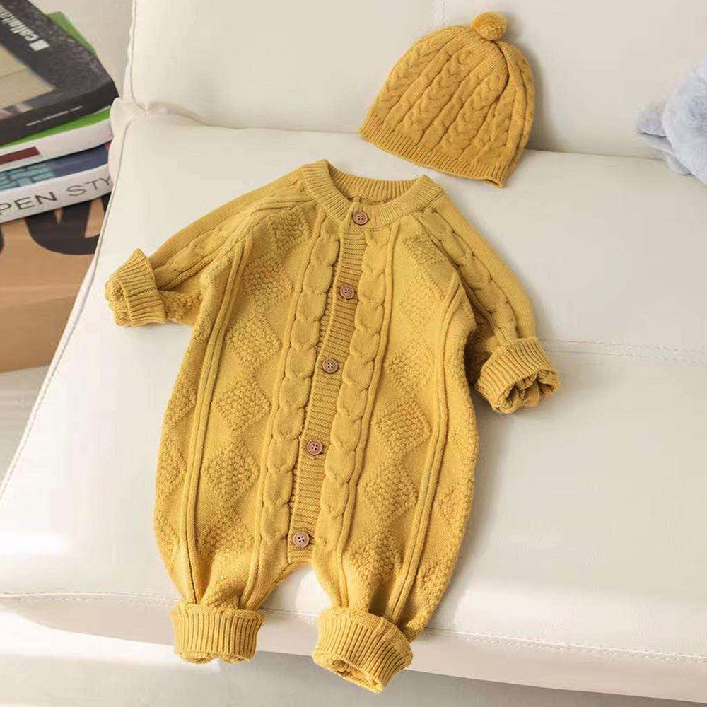Mustard Cable Pattern Full Sleeves Winter Jumpsuit Romper with Cap for Tiny Toddlers