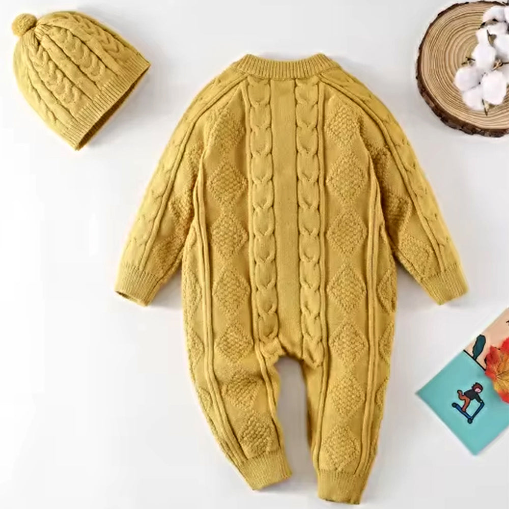 Mustard Cable Pattern Full Sleeves Winter Jumpsuit Romper with Cap for Tiny Toddlers