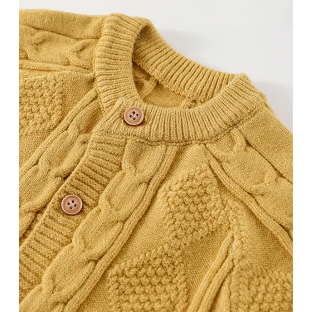 Mustard Cable Pattern Full Sleeves Winter Jumpsuit Romper with Cap for Tiny Toddlers