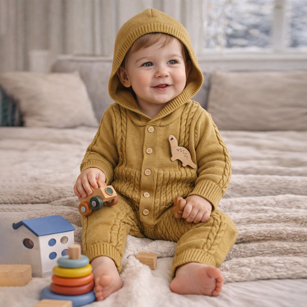 Olive Dino Full Sleeves Jumpsuit Hoodie Winter Romper for Tiny Toddlers