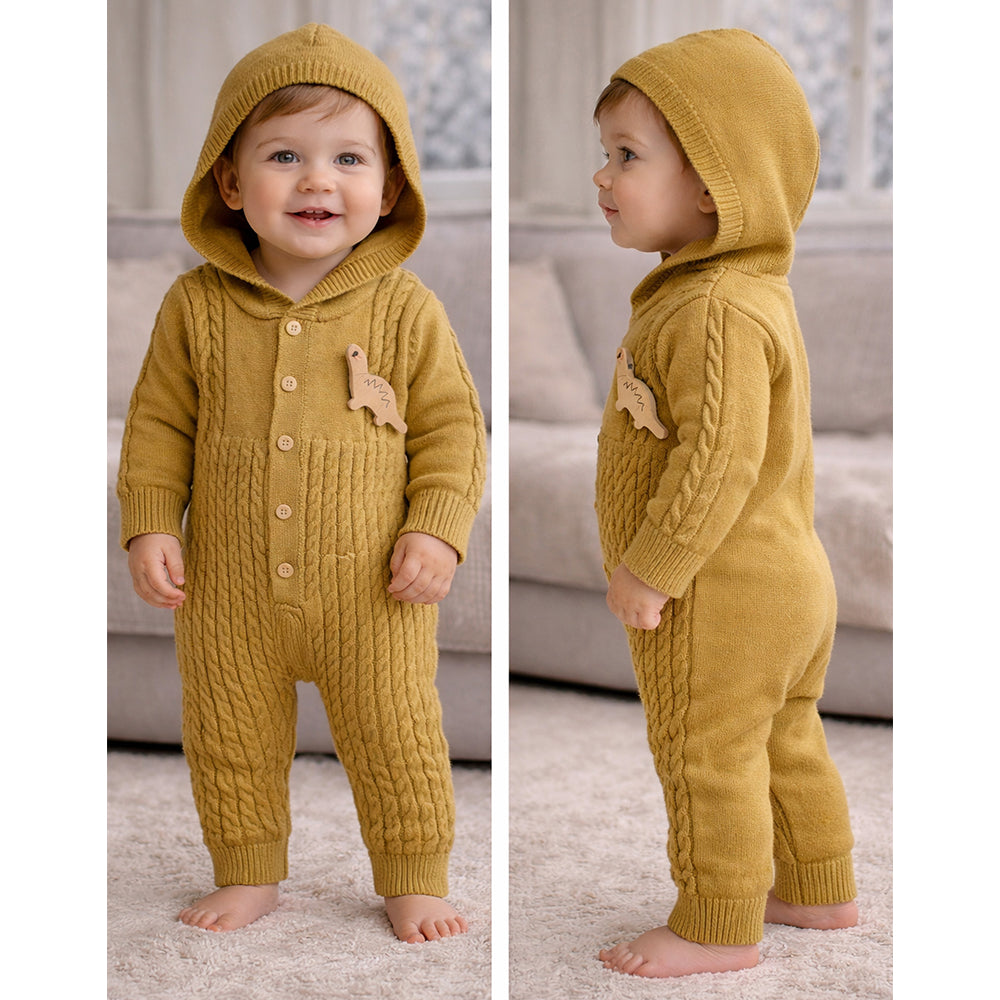 Olive Dino Full Sleeves Jumpsuit Hoodie Winter Romper for Tiny Toddlers