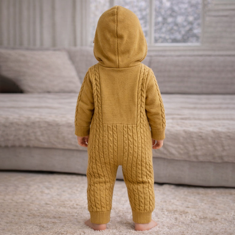 Olive Dino Full Sleeves Jumpsuit Hoodie Winter Romper for Tiny Toddlers