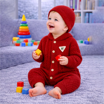 Maroon Knitted Full Sleeves Jumpsuit Romper with Cap for Tiny Toddlers