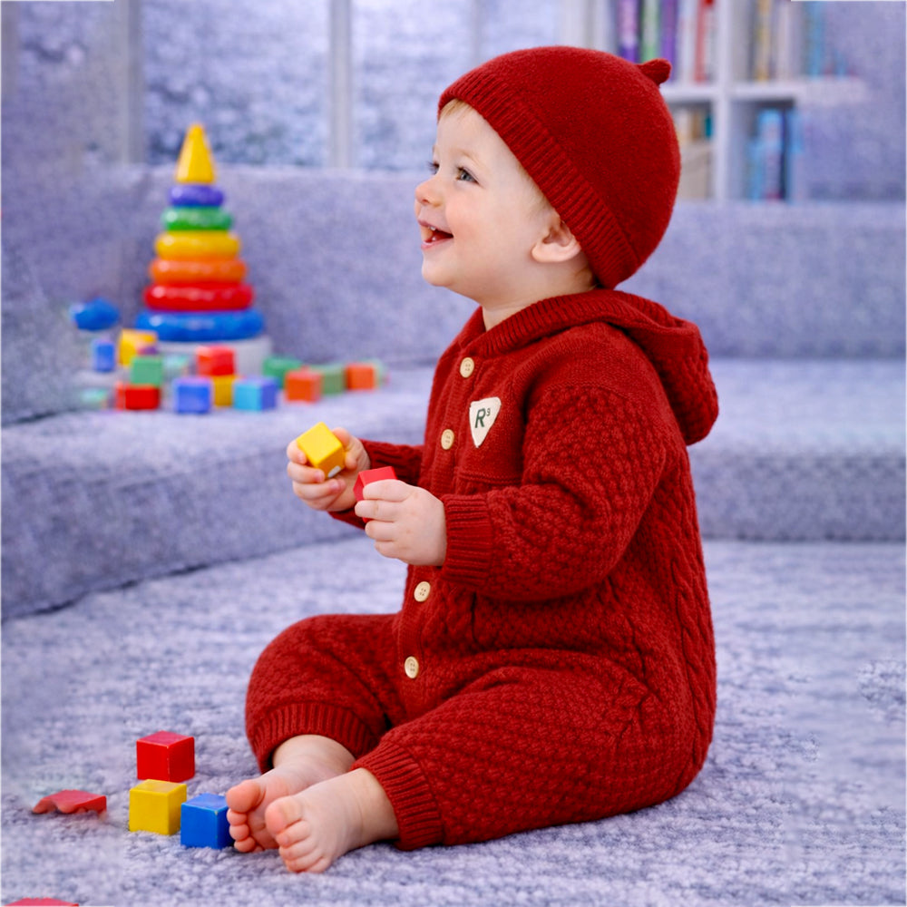 Maroon Knitted Full Sleeves Jumpsuit Romper with Cap for Tiny Toddlers