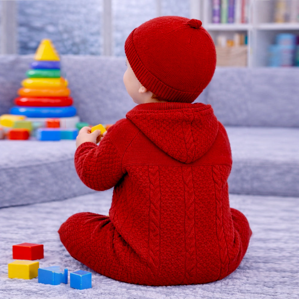 Maroon Knitted Full Sleeves Jumpsuit Romper with Cap for Tiny Toddlers