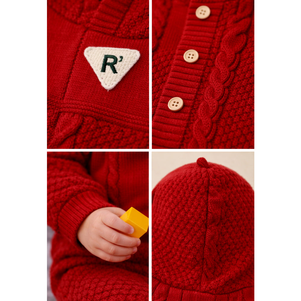 Maroon Knitted Full Sleeves Jumpsuit Romper with Cap for Tiny Toddlers