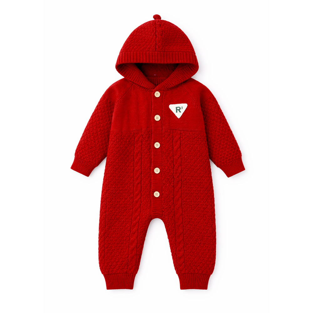 Maroon Knitted Full Sleeves Jumpsuit Romper with Cap for Tiny Toddlers