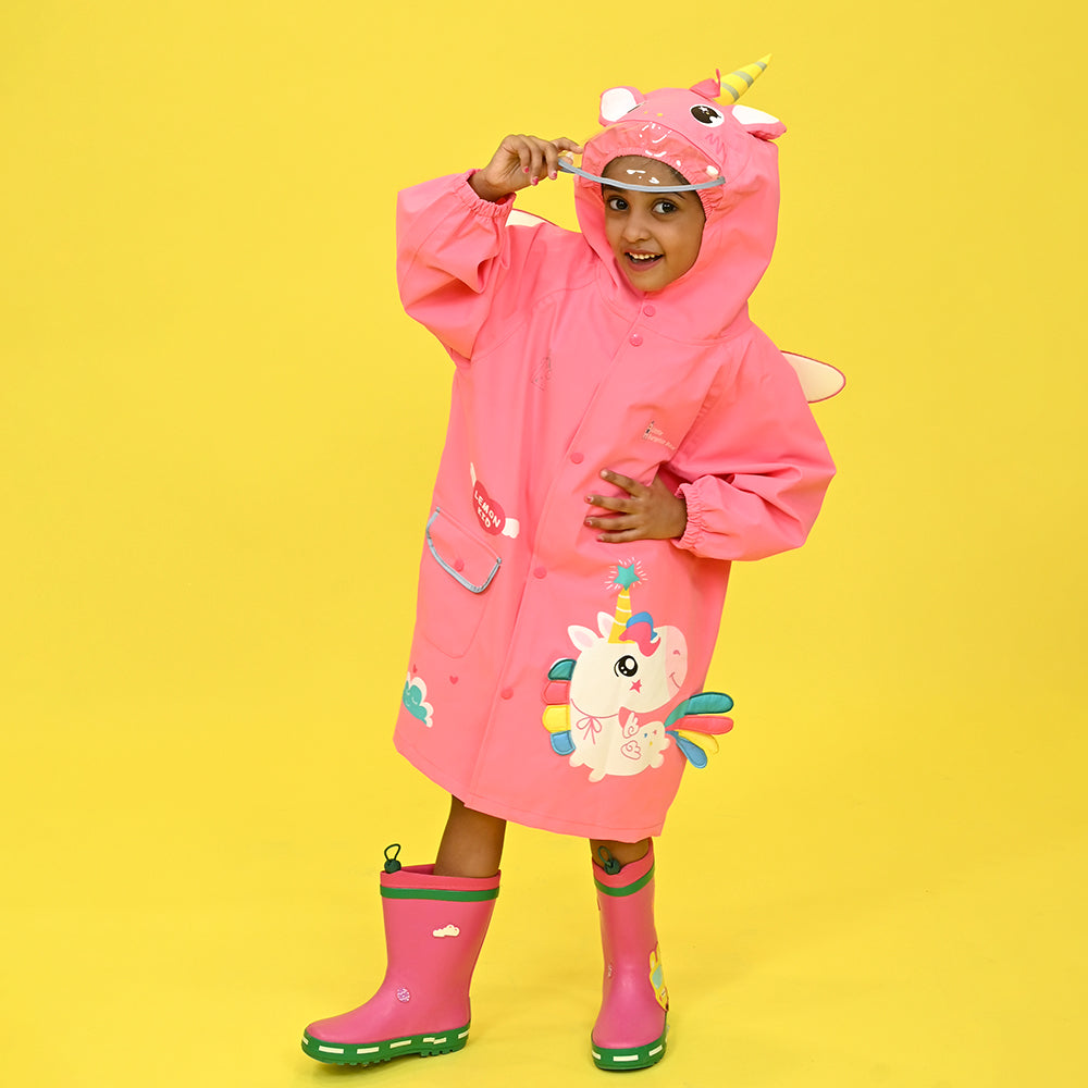 Bright Pink Magical Unicorn Theme Raincoat for Kids