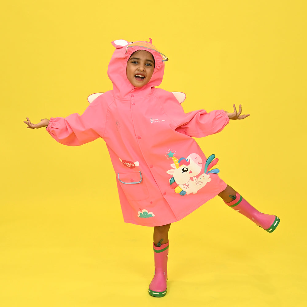 Bright Pink Magical Unicorn Theme Raincoat for Kids