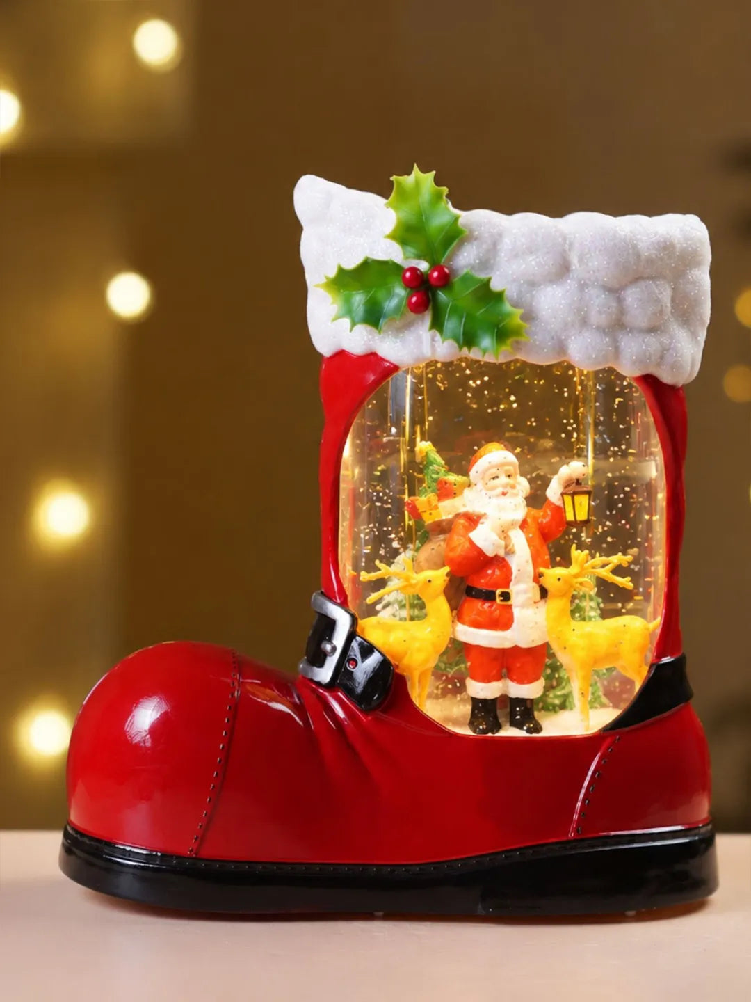 Santa & 2 Deers Red Boot with Musical Glitter Water Lights, Christmas Home Décor
