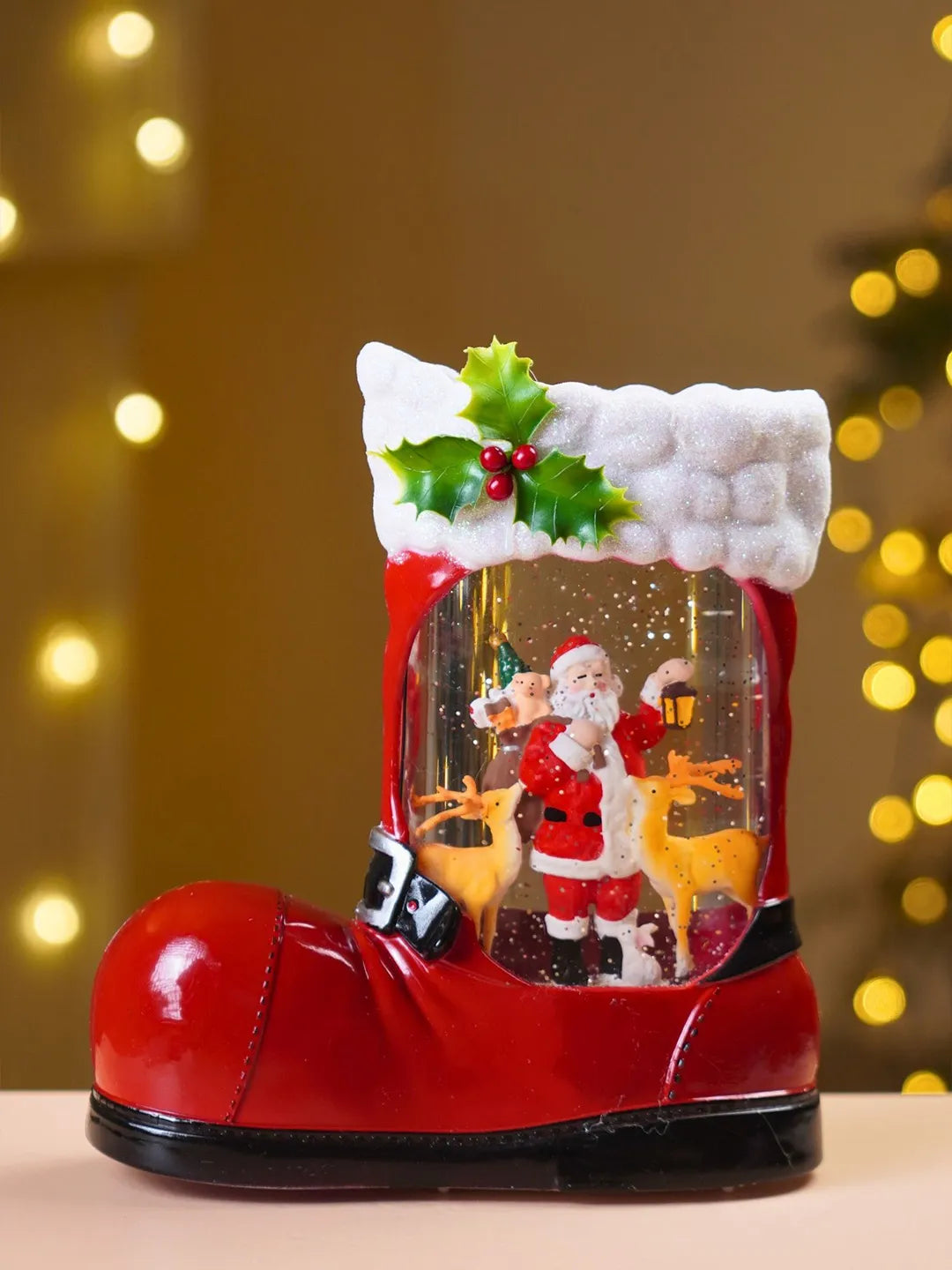 Santa & 2 Deers Red Boot with Musical Glitter Water Lights, Christmas Home Décor