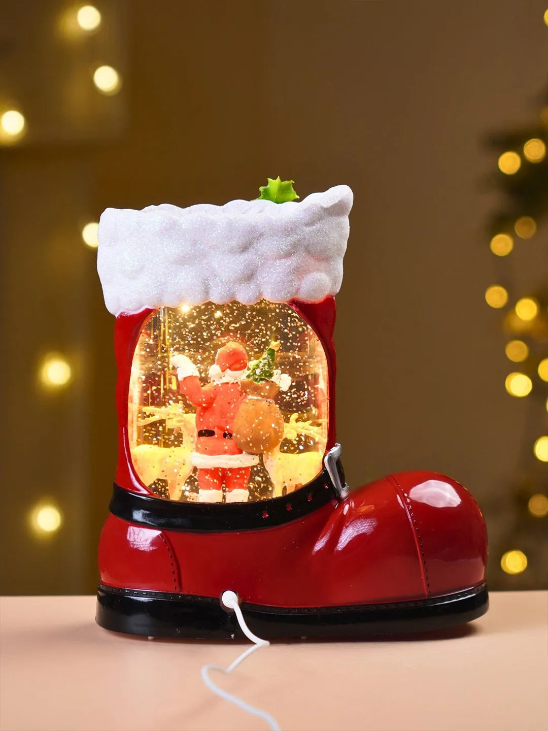 Santa & 2 Deers Red Boot with Musical Glitter Water Lights, Christmas Home Décor