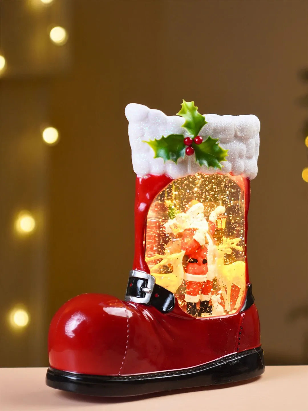 Santa & 2 Deers Red Boot with Musical Glitter Water Lights, Christmas Home Décor